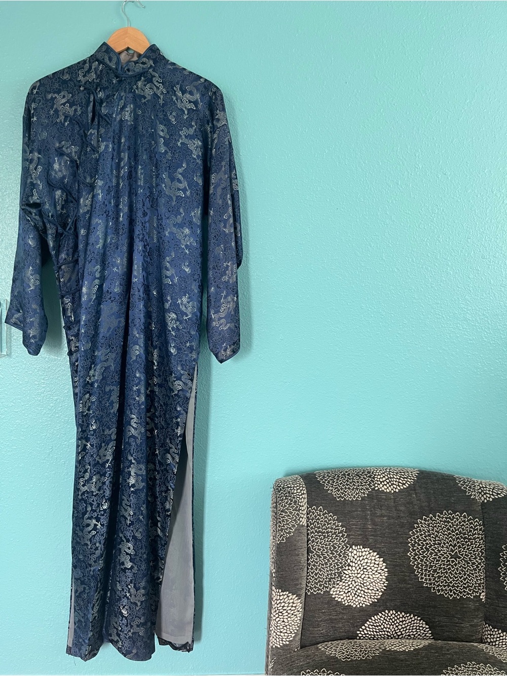 Midnight Blue Floral Brocade Qipao Cheongsam no size please see measurements